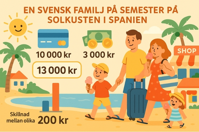 Illustration av familjesemester i Spanien med utgifter och kortavgiftsskillnad.